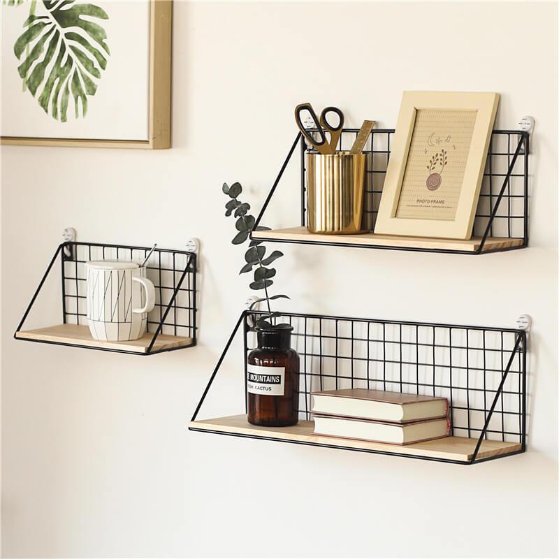 Scandi Metal Natural Wood Wall Shelf in Black - EasyChic Home